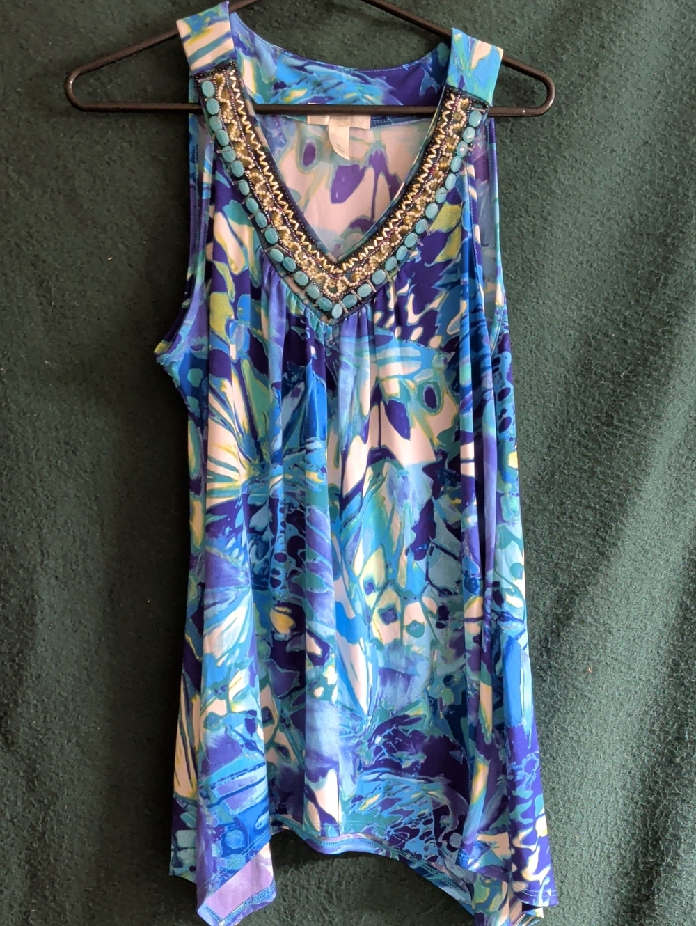 Dress Barn Blue & Aqua Beaded V-Neck Tank